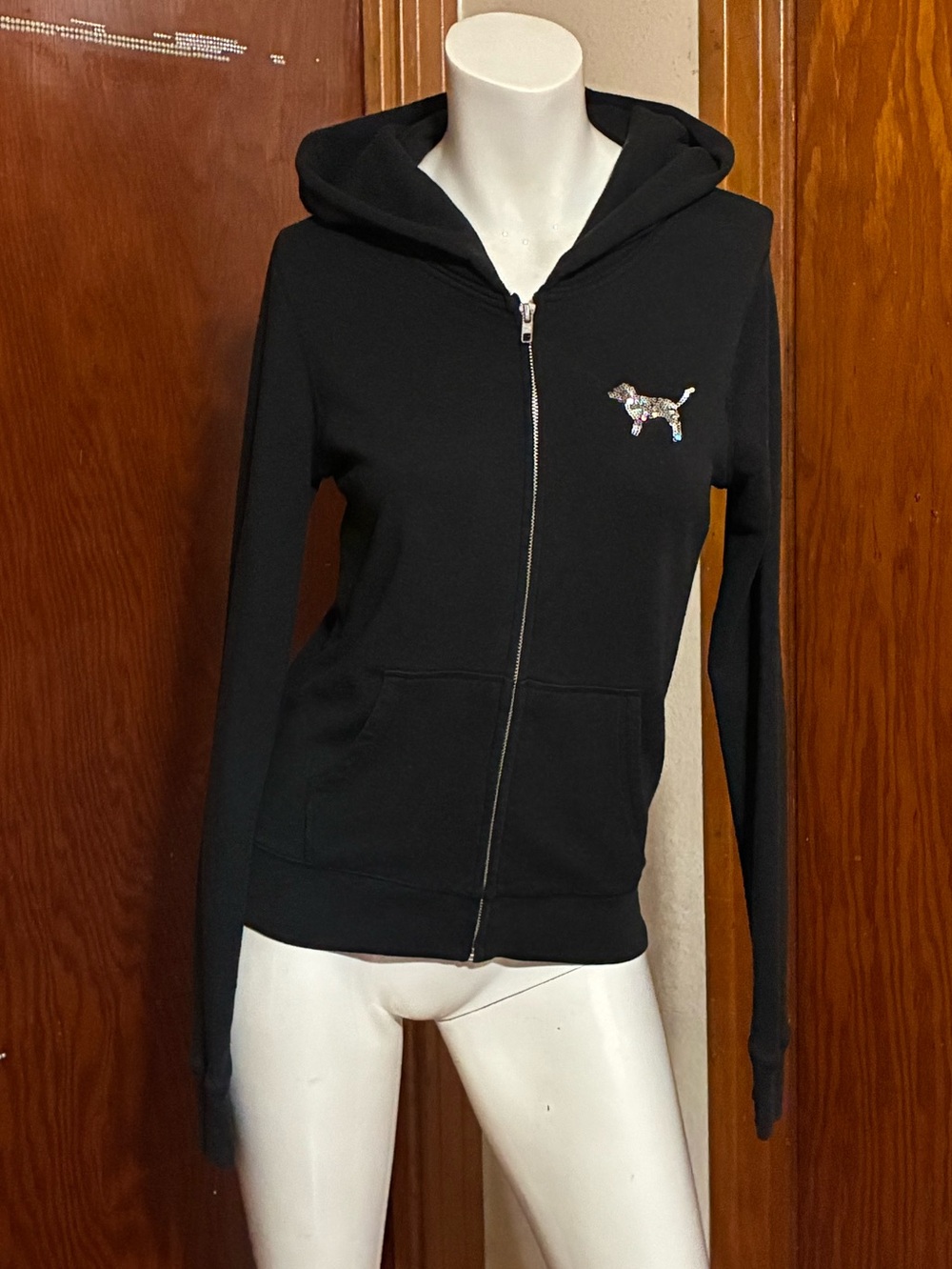 VS Pink Black w/ Iridescent Sequin “Pink” Zip Up Hoodie - Picture 3 of 5